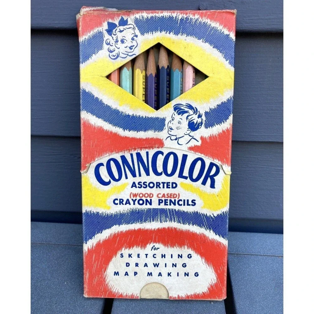 Vintage colored pencils Conncolor wood cased crayon in orig slide box 1950's